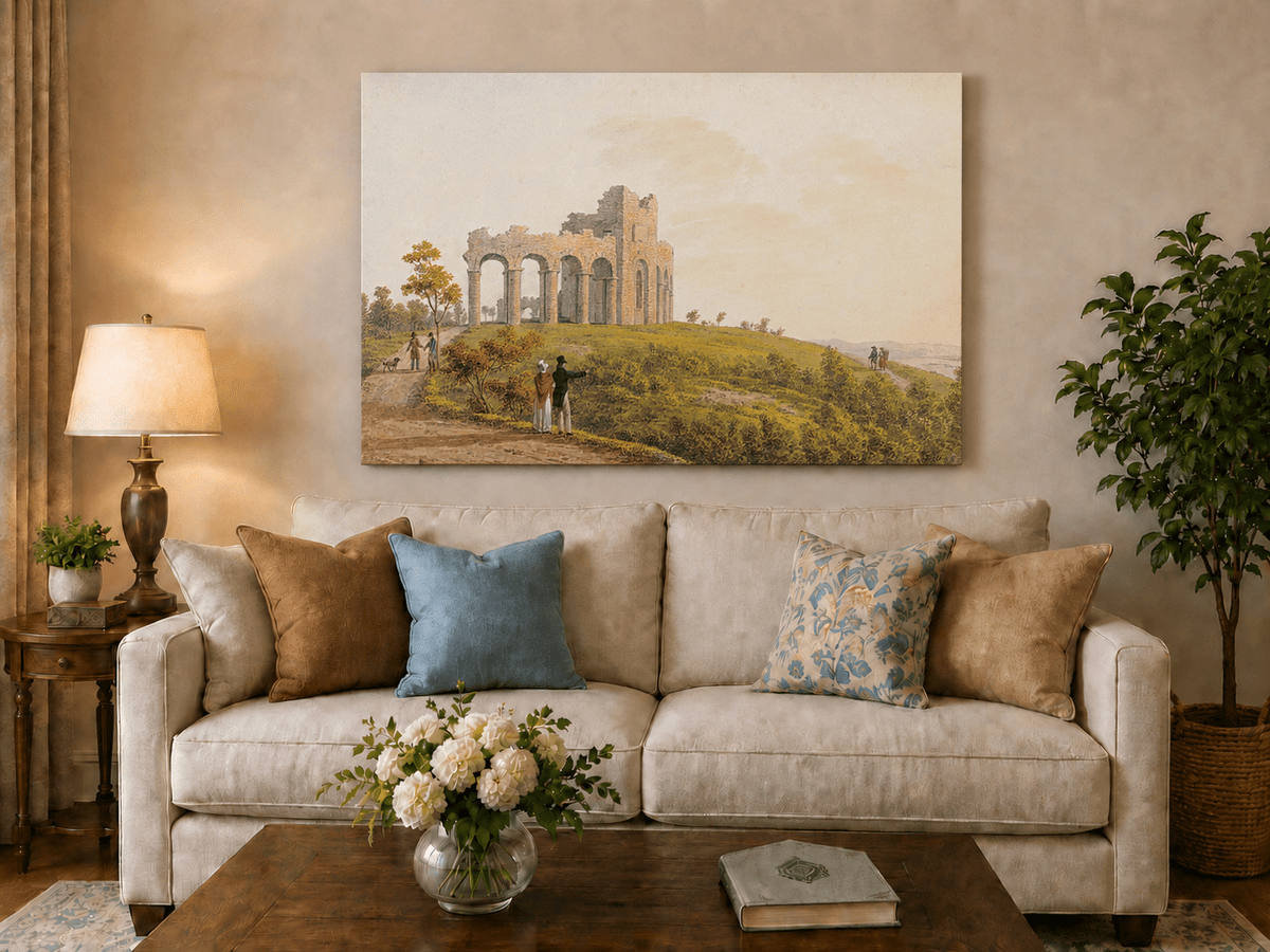 Landscape Oil Painting - Ruined Castle with Figures on Hill