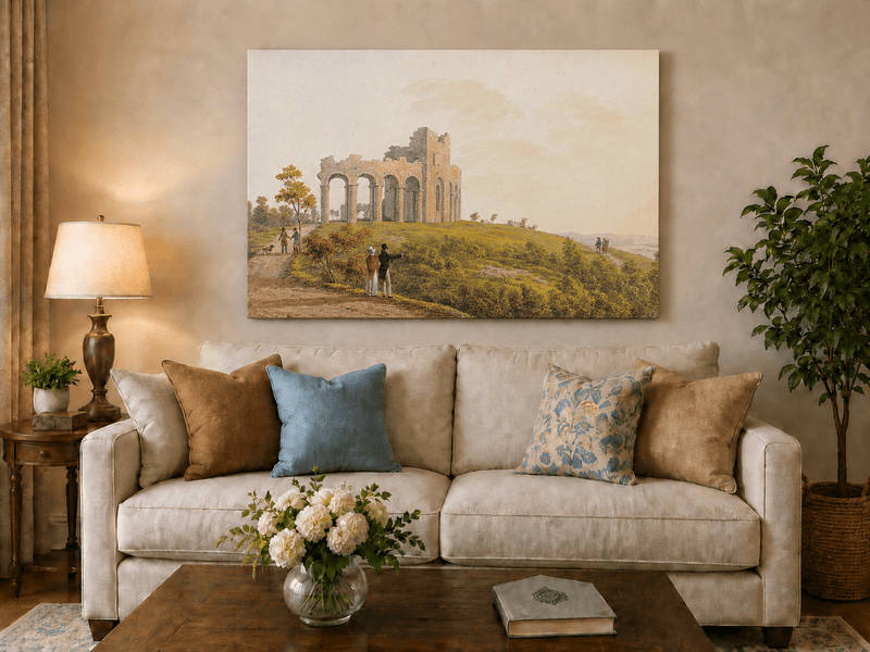 Landscape Oil Painting - Ruined Castle with Figures on Hill