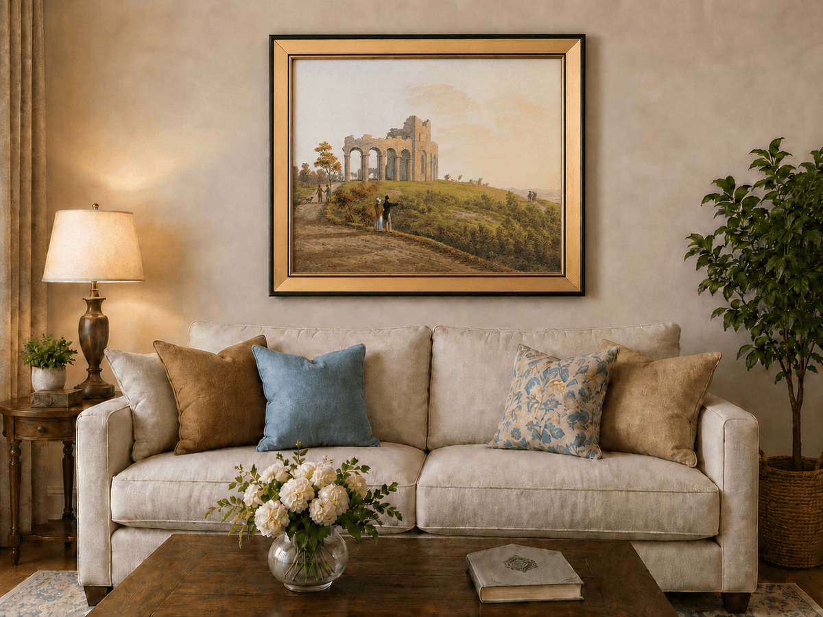Landscape Oil Painting - Ruined Castle with Figures on Hill