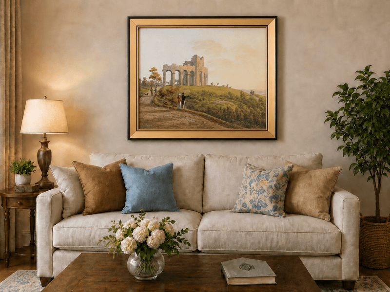 Landscape Oil Painting - Ruined Castle with Figures on Hill