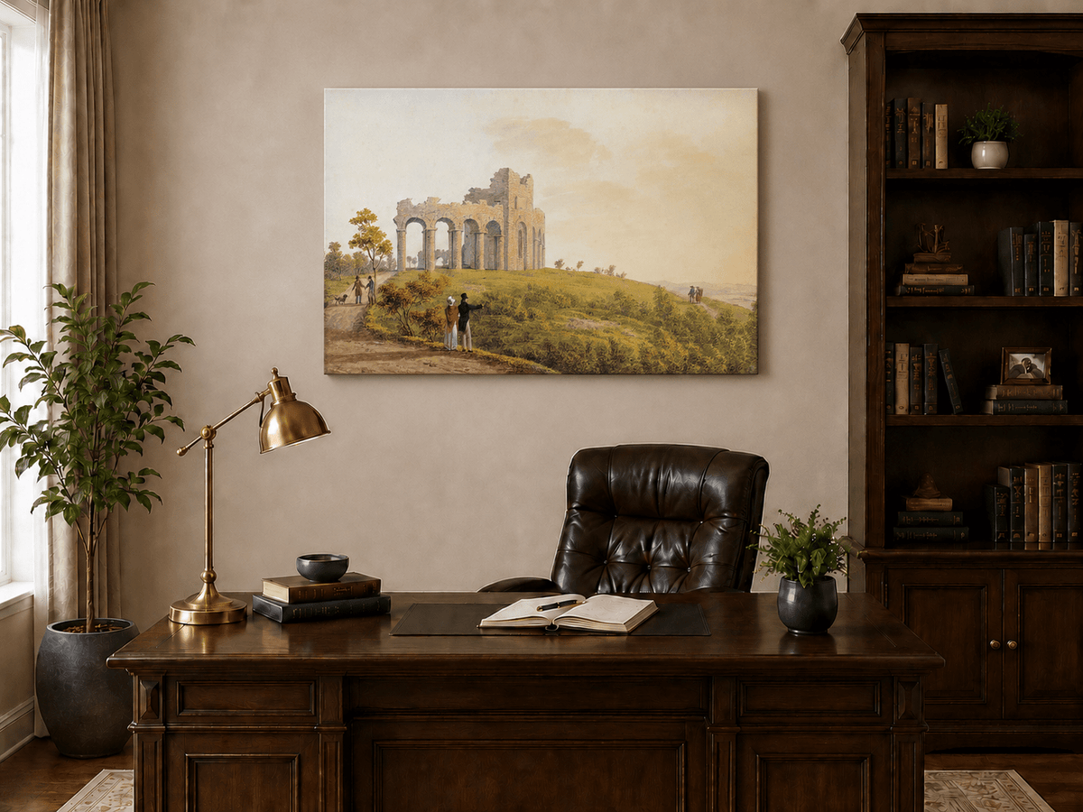 Landscape Oil Painting - Ruined Castle with Figures on Hill