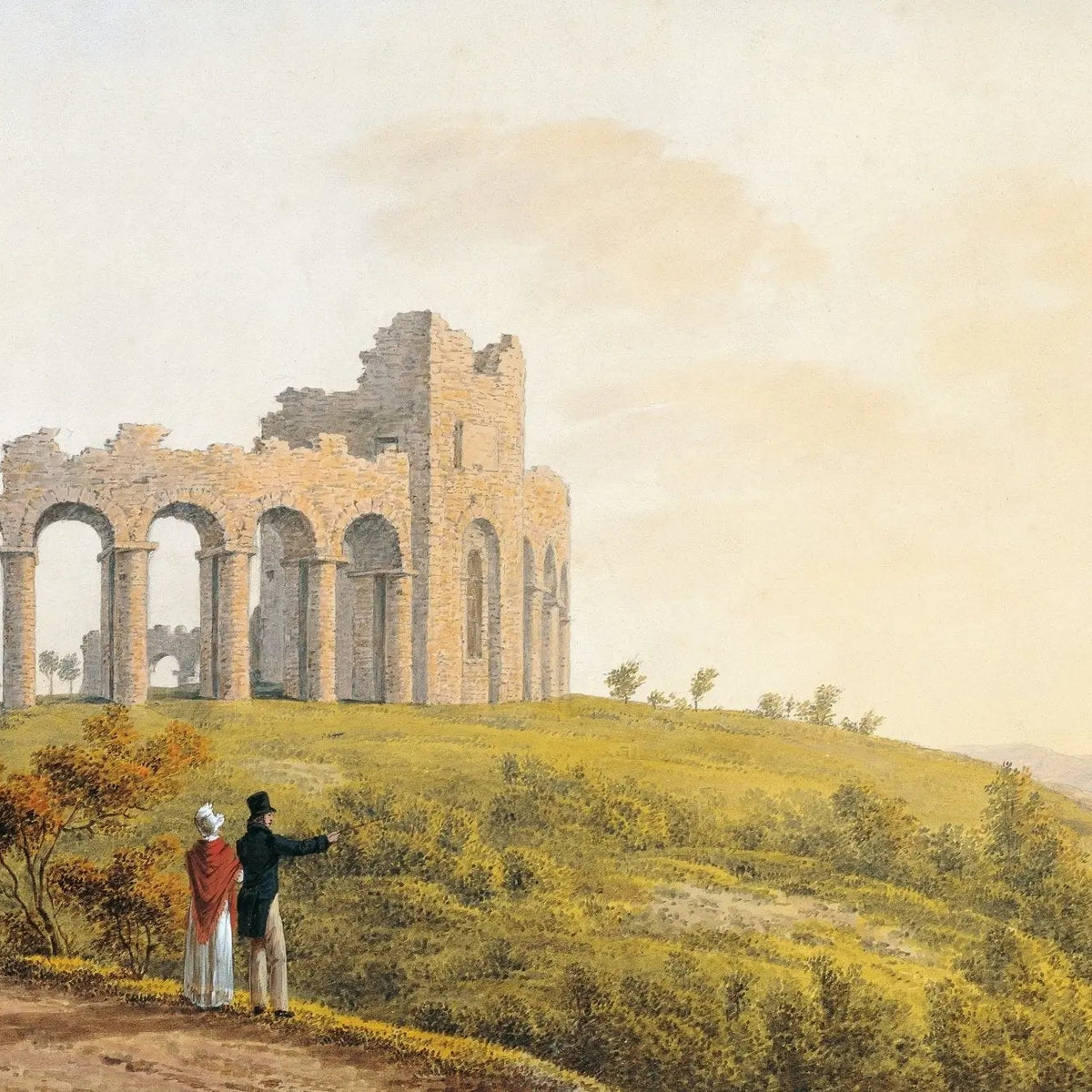 Landscape Oil Painting - Ruined Castle with Figures on Hill - Oil Painting Haven