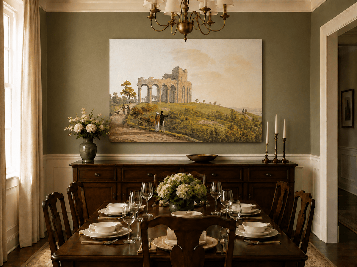 Landscape Oil Painting - Ruined Castle with Figures on Hill