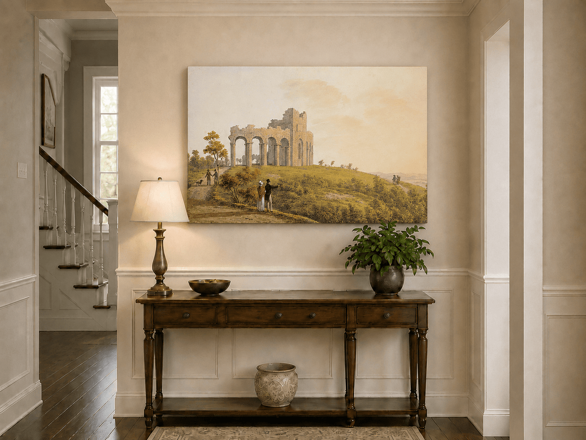 Landscape Oil Painting - Ruined Castle with Figures on Hill