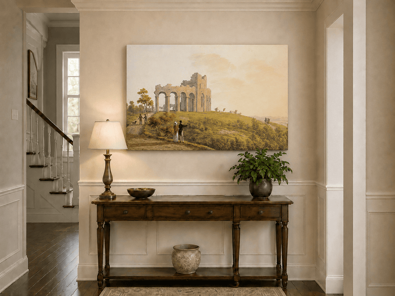 Landscape Oil Painting - Ruined Castle with Figures on Hill