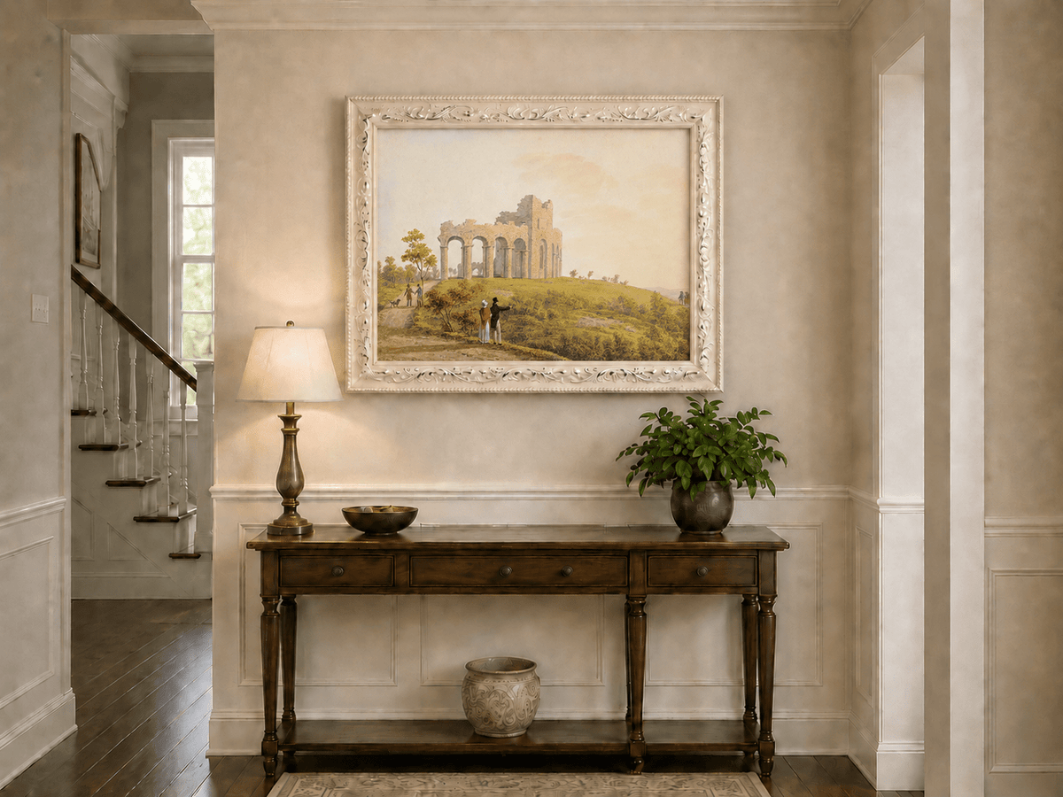 Landscape Oil Painting - Ruined Castle with Figures on Hill