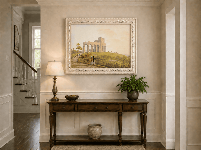 Landscape Oil Painting - Ruined Castle with Figures on Hill