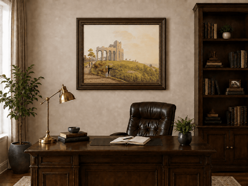 Landscape Oil Painting - Ruined Castle with Figures on Hill