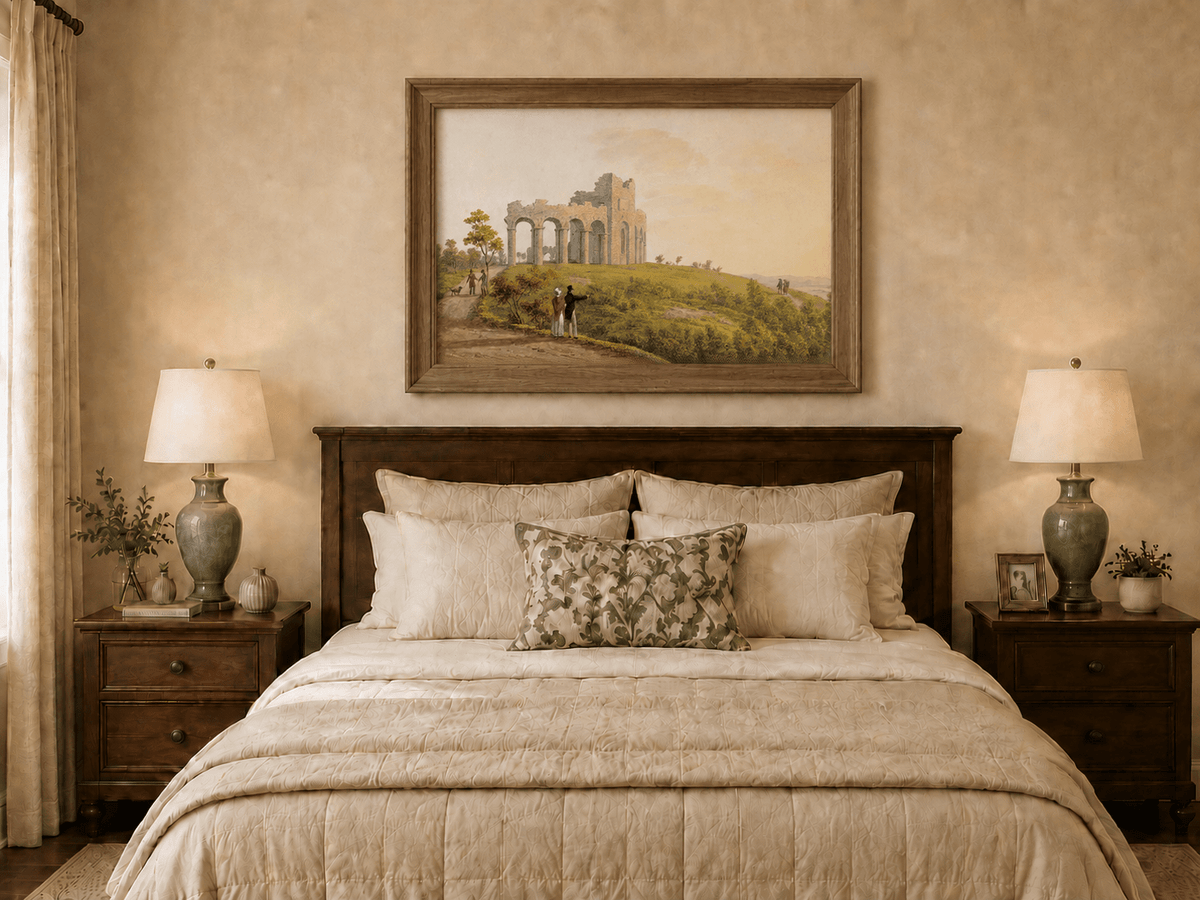 Landscape Oil Painting - Ruined Castle with Figures on Hill