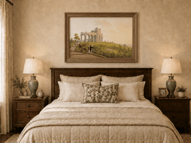 Landscape Oil Painting - Ruined Castle with Figures on Hill