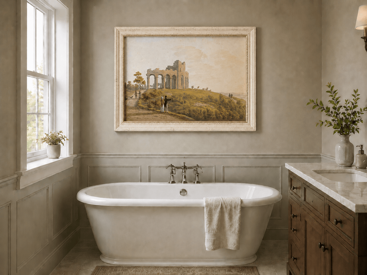 Landscape Oil Painting - Ruined Castle with Figures on Hill