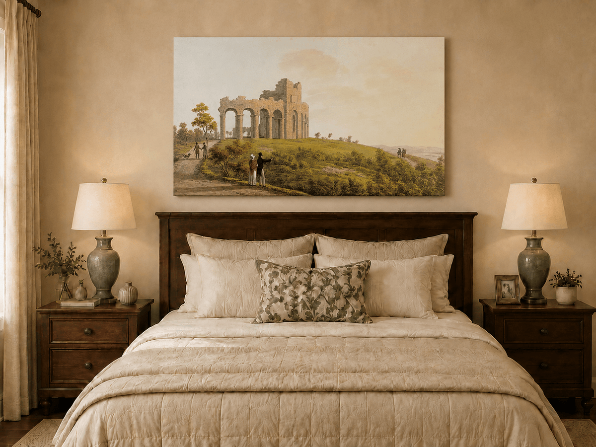 Landscape Oil Painting - Ruined Castle with Figures on Hill
