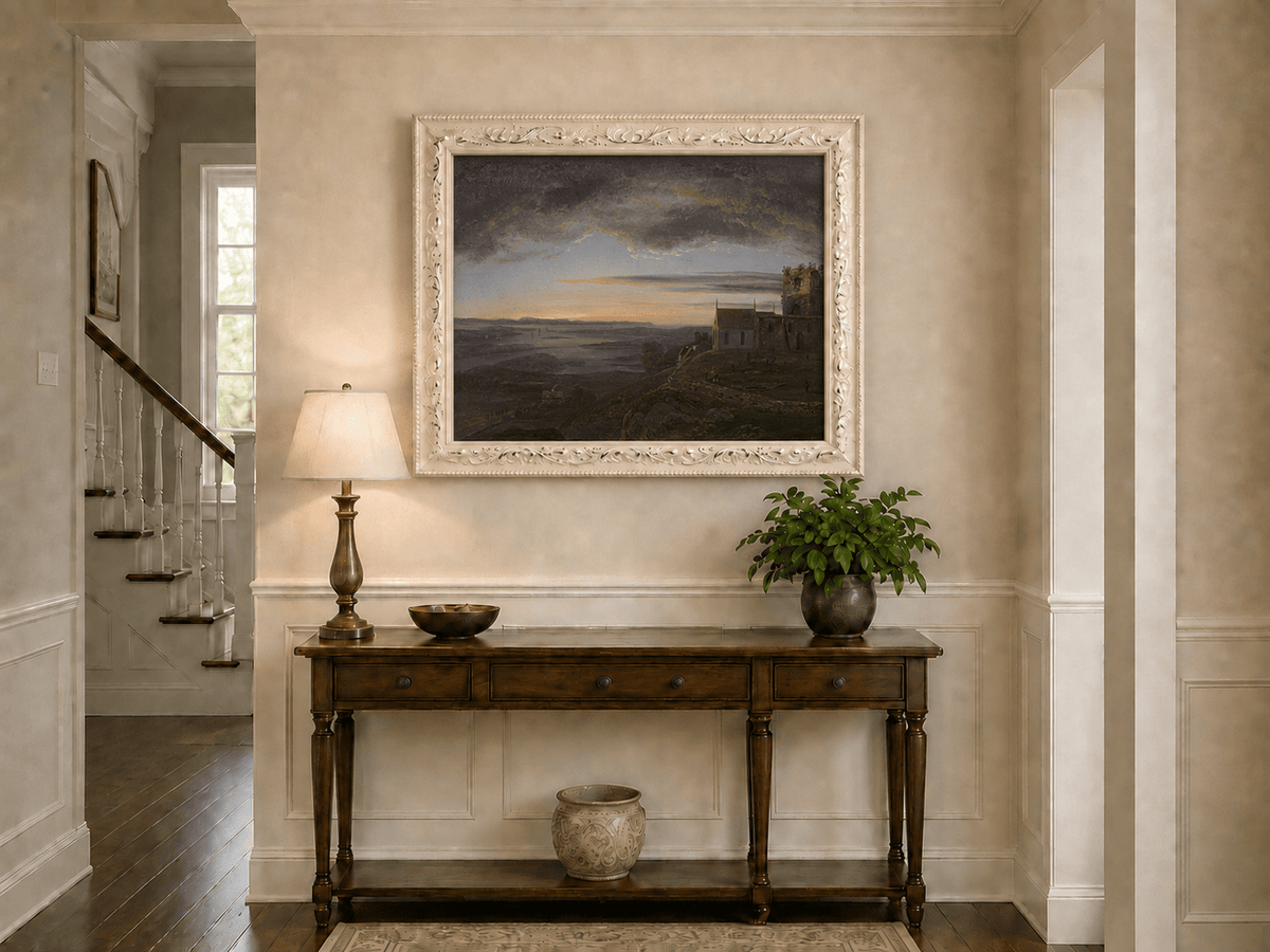 Ruined coastal church and storm clouds hand-painted oil artwork shown as home wall decor.