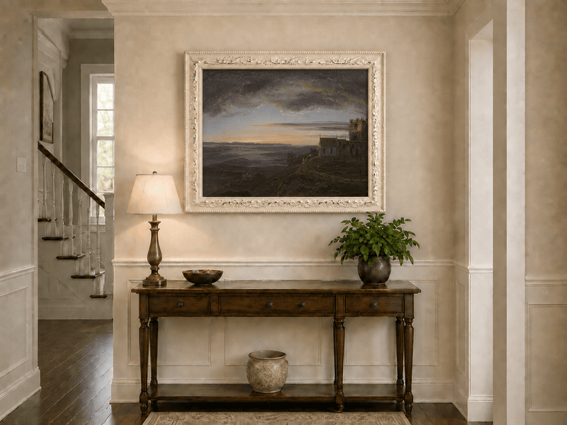 Ruined coastal church and storm clouds hand-painted oil artwork shown as home wall decor.