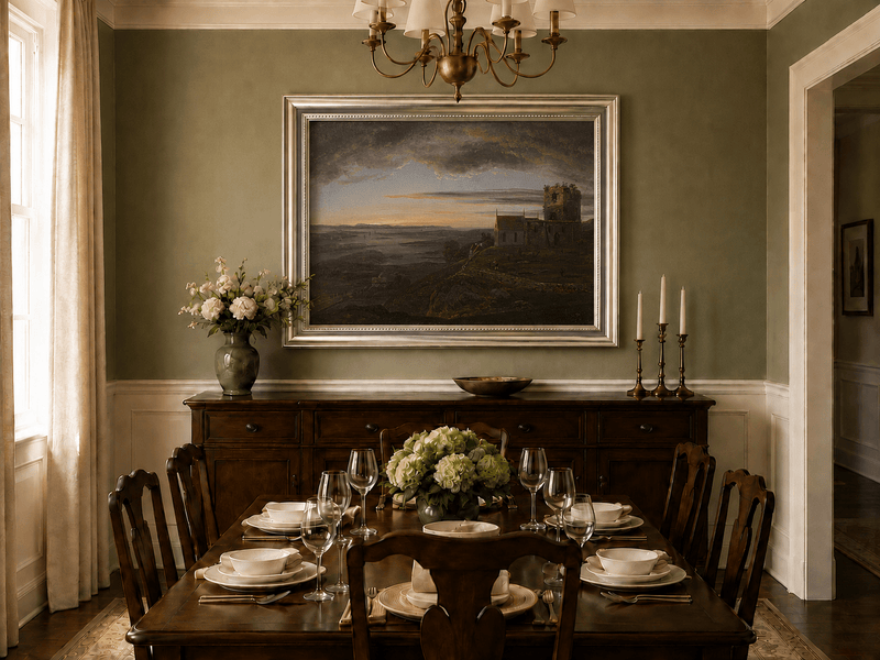 Coastal church ruins and storm clouds oil landscape artwork shown in a styled home interior.