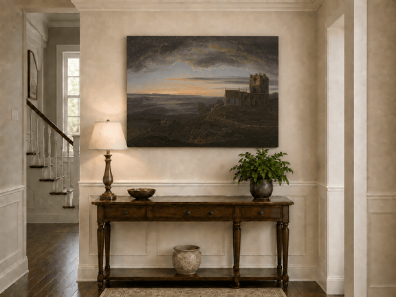 Stormy coastal landscape painting shown as decorative oil wall art.