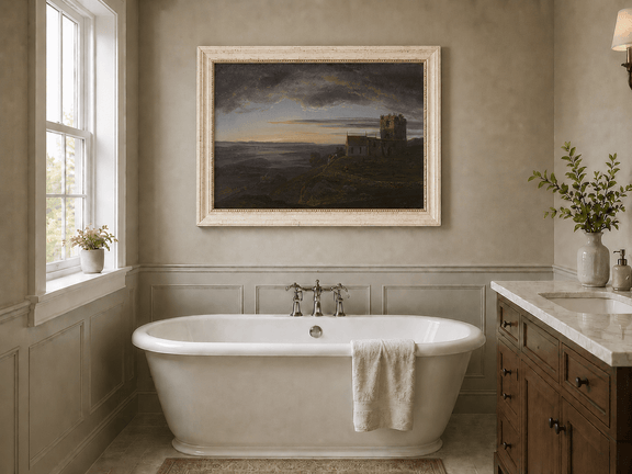 Ruined coastal church landscape oil painting presented as interior home decor.