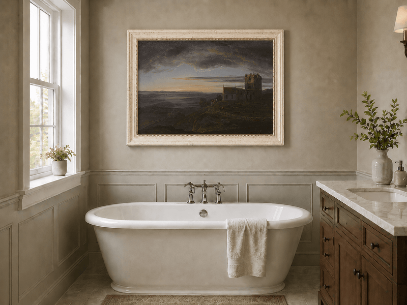 Ruined coastal church landscape oil painting presented as interior home decor.
