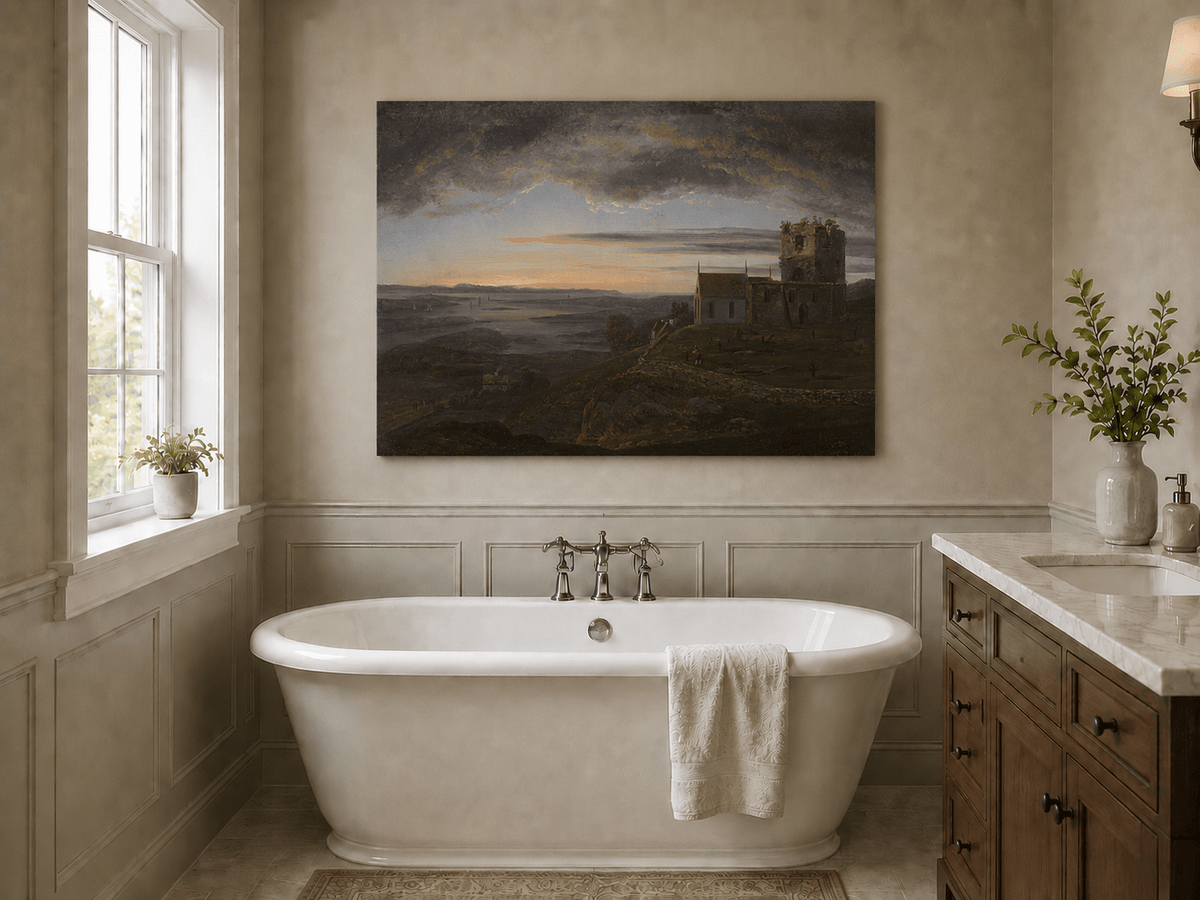 Ruined coastal church under storm clouds landscape oil painting presented as styled home decor.
