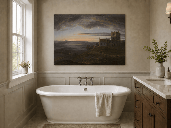 Ruined coastal church under storm clouds landscape oil painting presented as styled home decor.