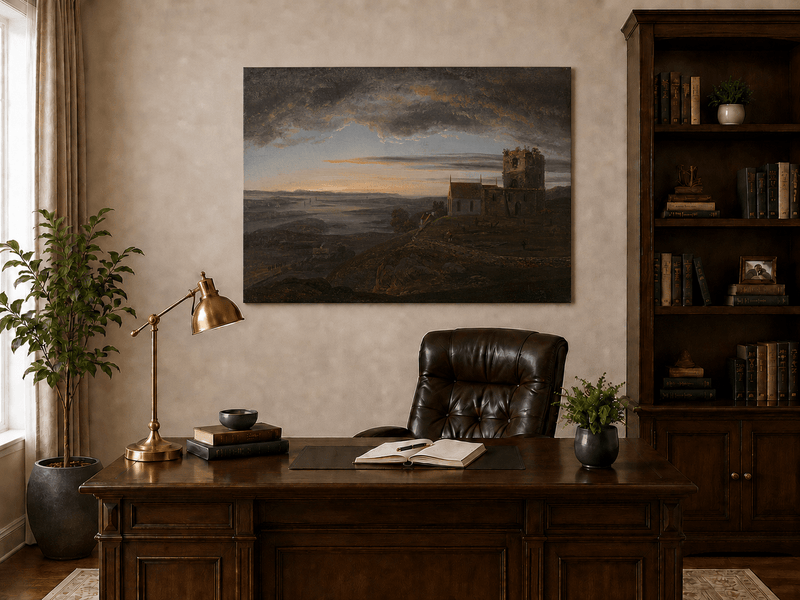 Interior wall art view featuring a ruined coastal church under storm clouds oil painting.