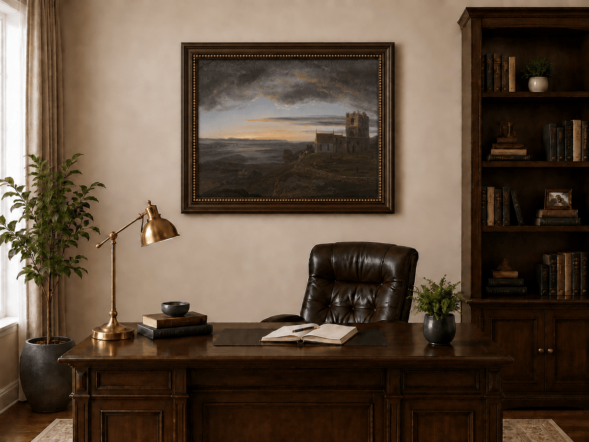 Coastal church ruins beneath storm clouds landscape oil painting presented in an interior wall art mockup.