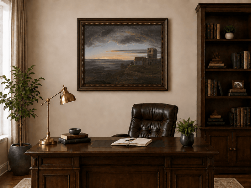 Coastal church ruins beneath storm clouds landscape oil painting presented in an interior wall art mockup.