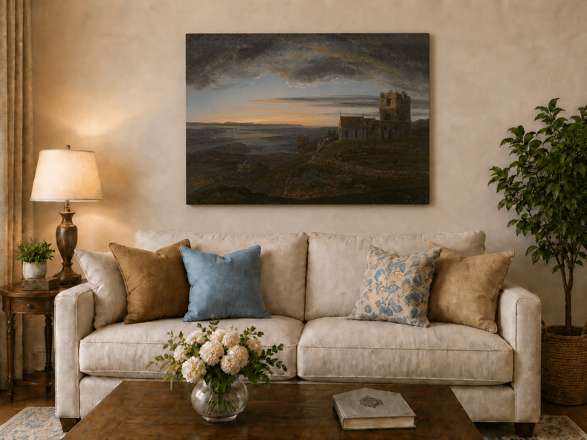 Coastal church ruins hand-painted oil artwork displayed in a second interior view.