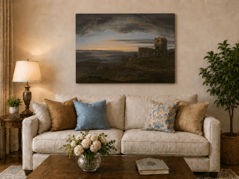 Coastal church ruins hand-painted oil artwork displayed in a second interior view.