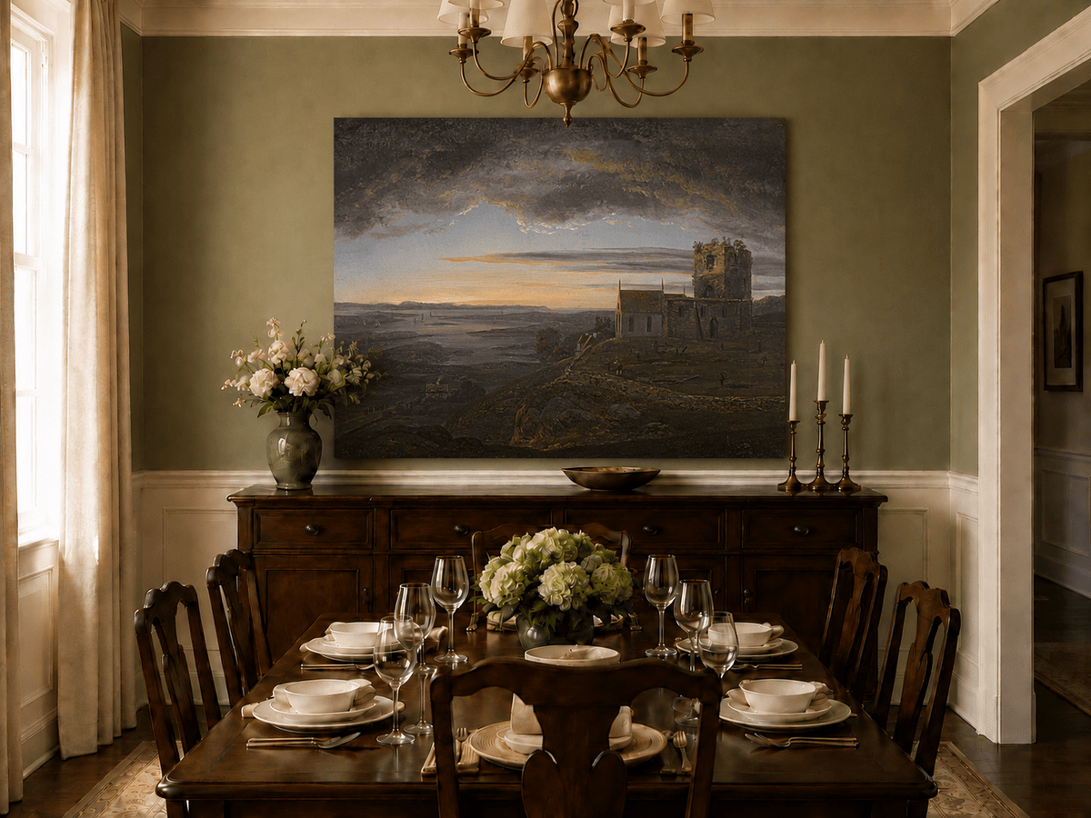 Hand-painted coastal church ruins landscape artwork in an interior display.