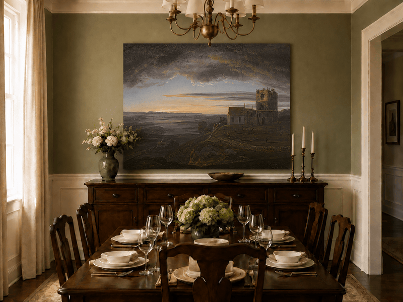 Hand-painted coastal church ruins landscape artwork in an interior display.