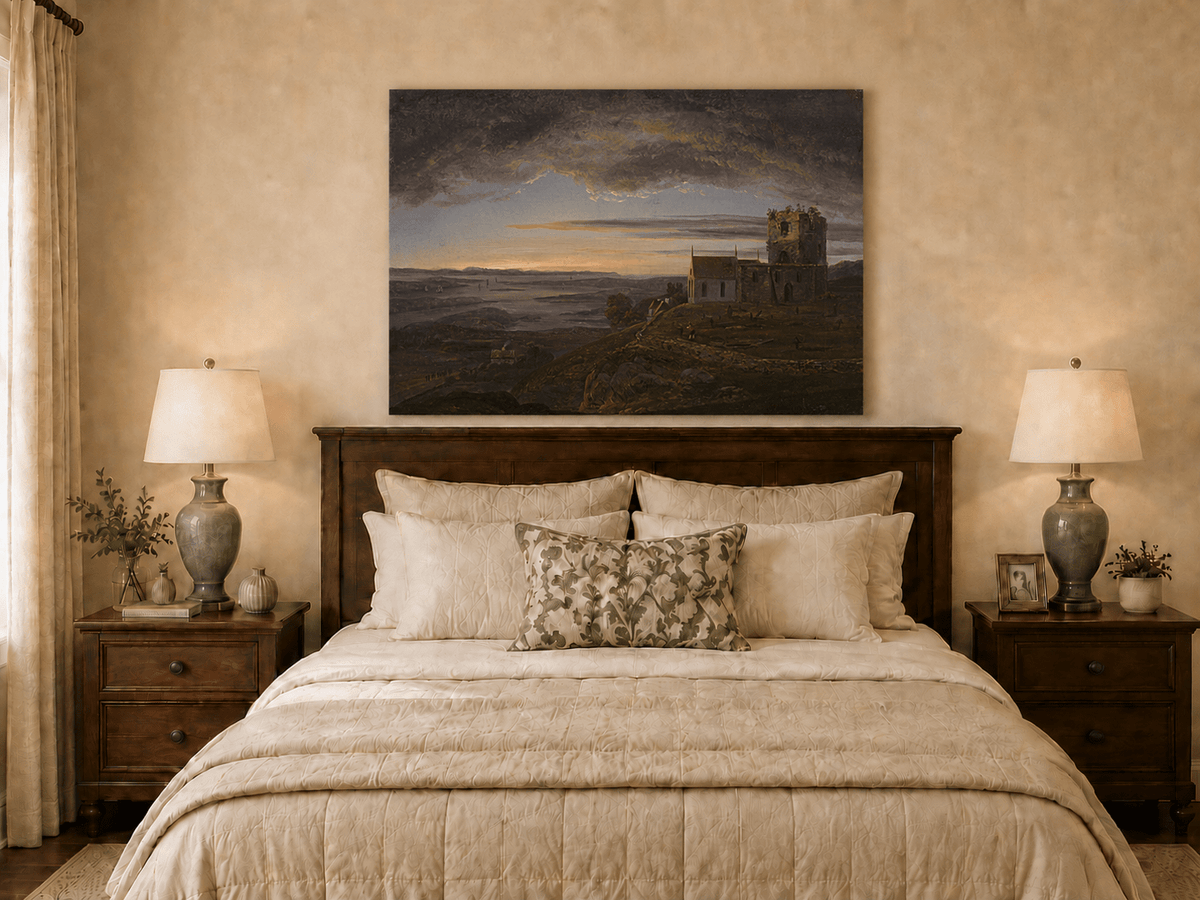 Ruined coastal church oil painting displayed as landscape wall decor.