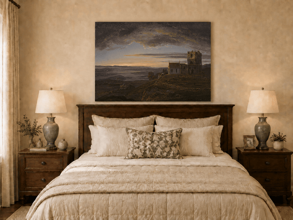 Ruined coastal church oil painting displayed as landscape wall decor.