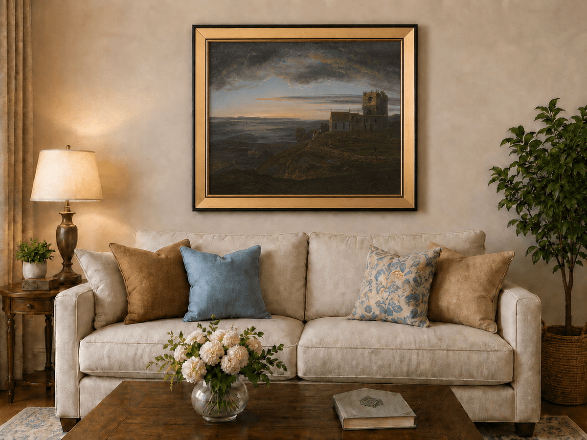Ruined coastal church under storm clouds landscape oil painting displayed in a styled home interior.