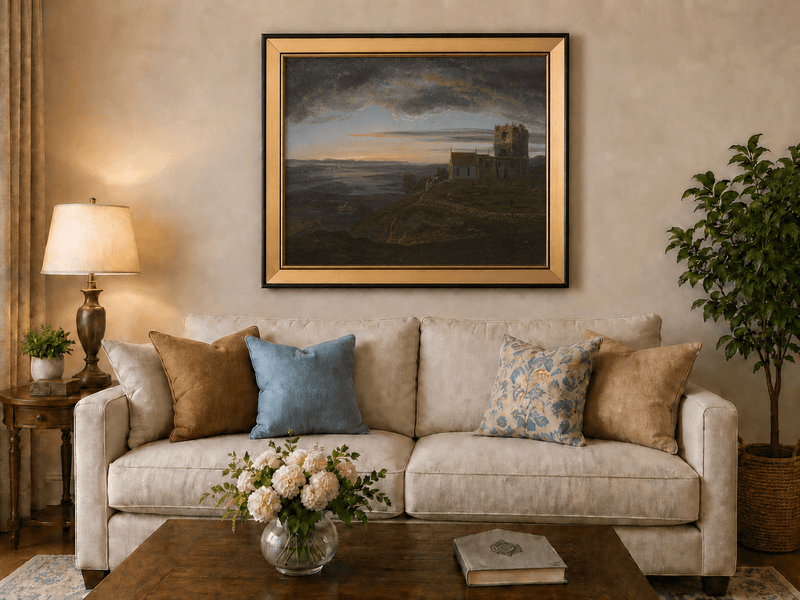 Ruined coastal church under storm clouds landscape oil painting displayed in a styled home interior.