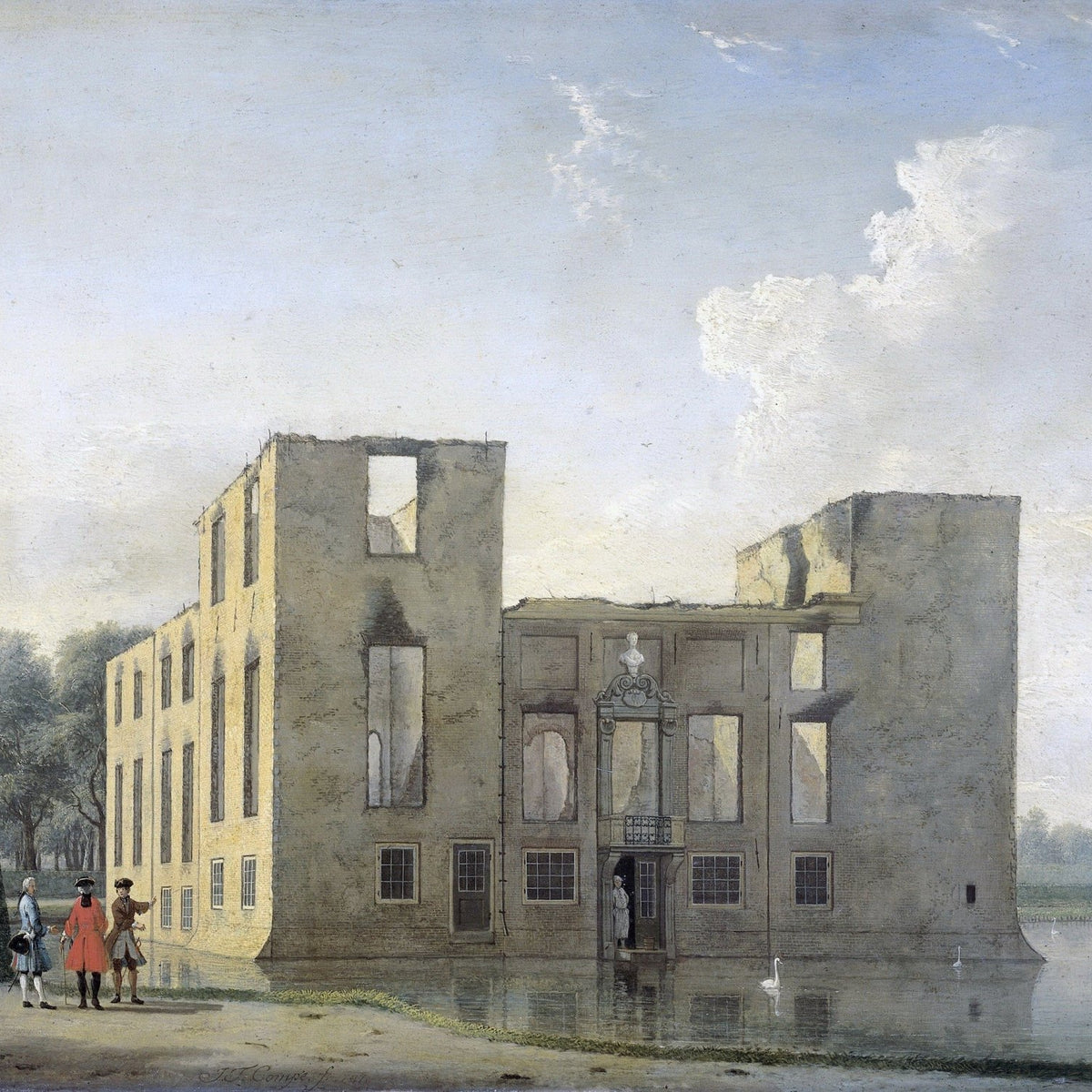Landscape Oil Painting - Ruined Manor by Water with Figures - Oil Painting Haven