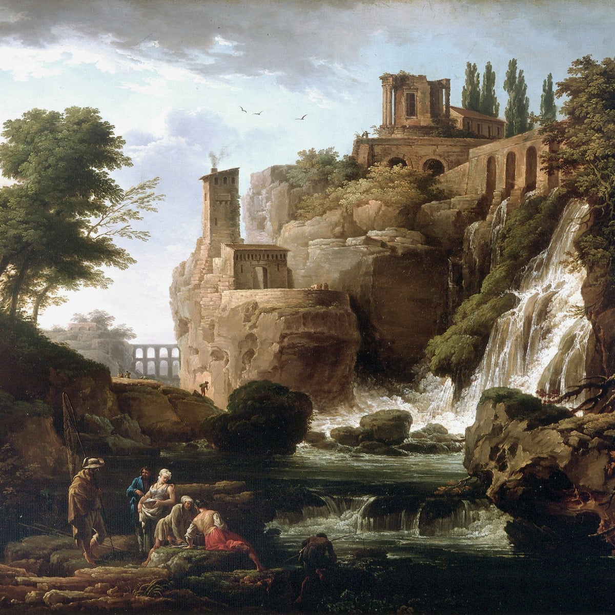 Landscape Oil Painting - Ruins and Waterfall with Figures - Oil Painting Haven