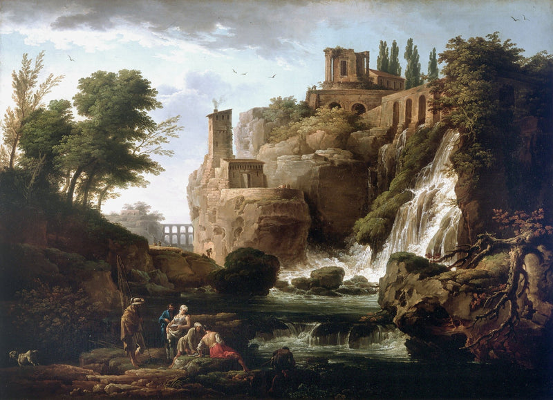 Landscape Oil Painting - Ruins and Waterfall with Figures - Oil Painting Haven