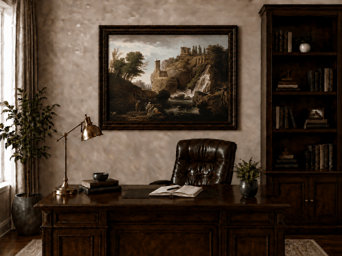 Landscape Oil Painting - Ruins and Waterfall with Figures