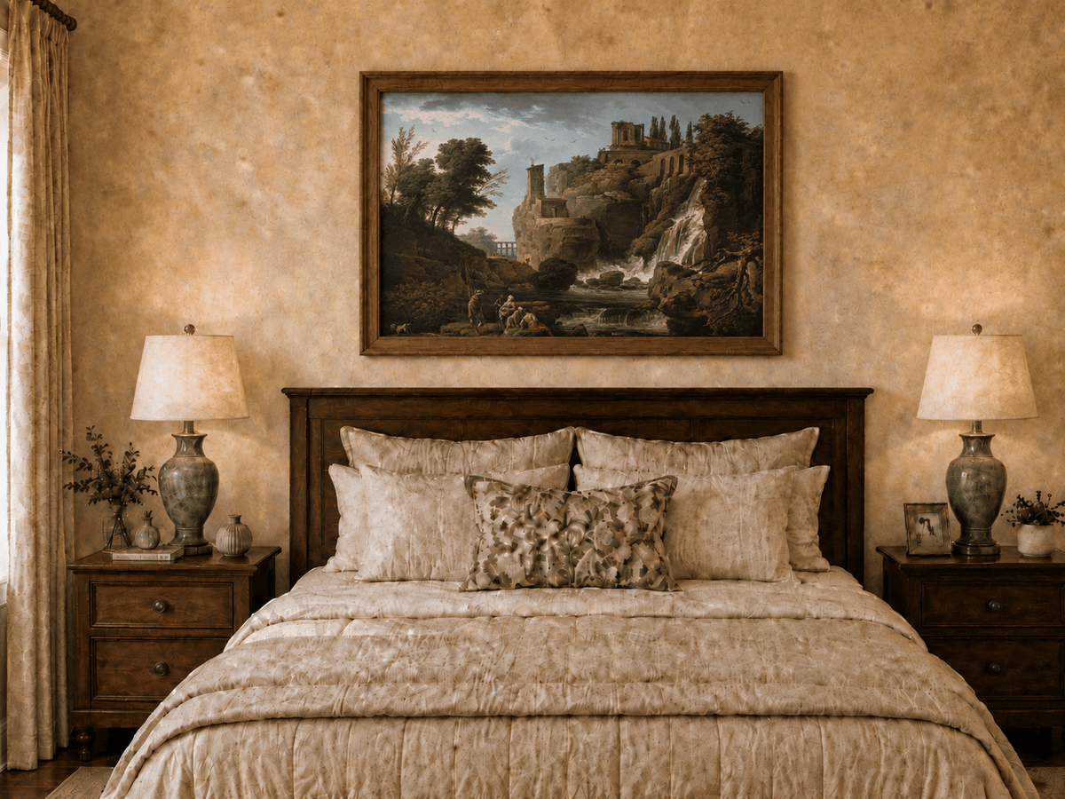 Landscape Oil Painting - Ruins and Waterfall with Figures