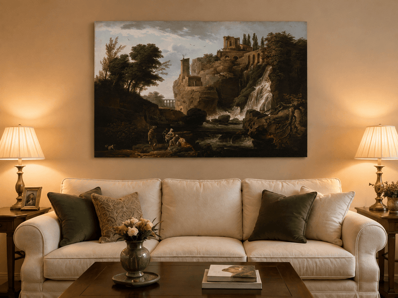 Landscape Oil Painting - Ruins and Waterfall with Figures