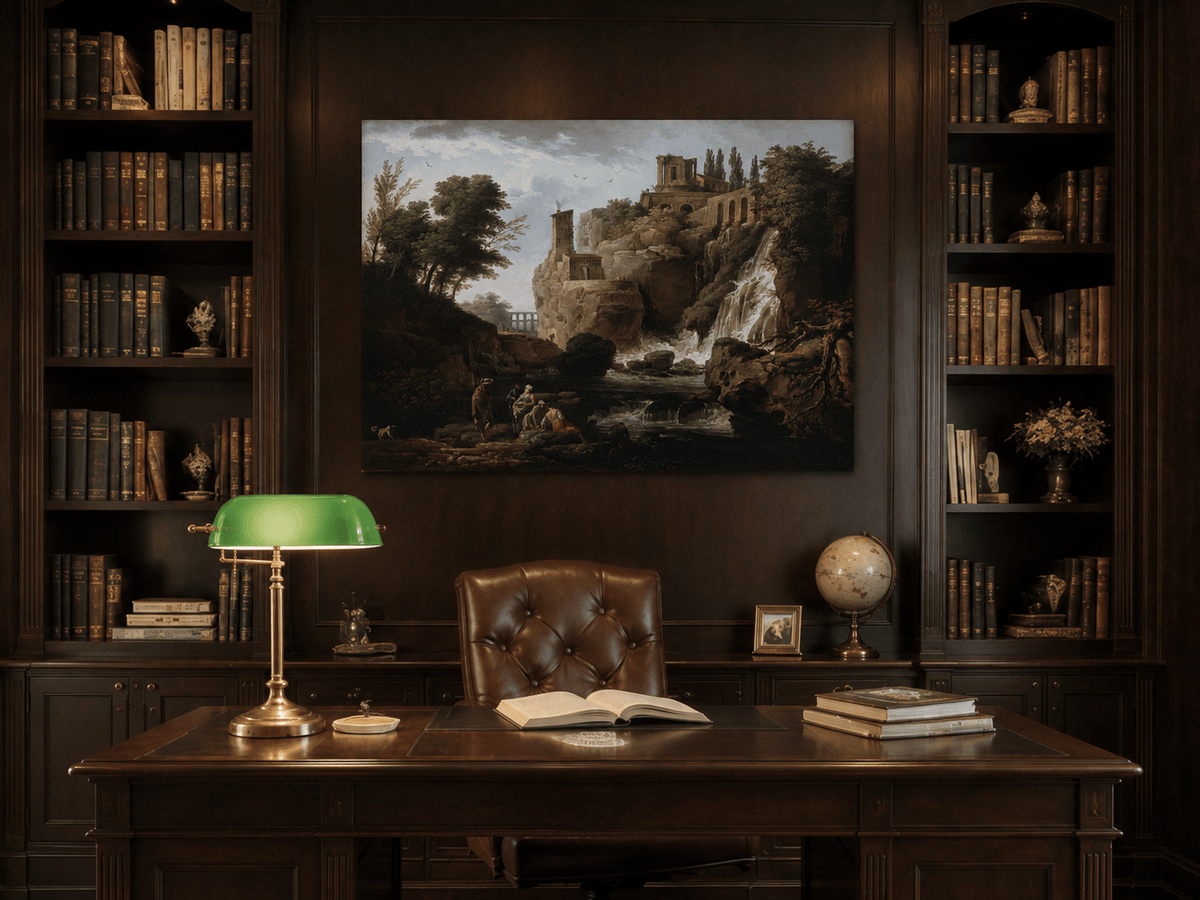 Landscape Oil Painting - Ruins and Waterfall with Figures