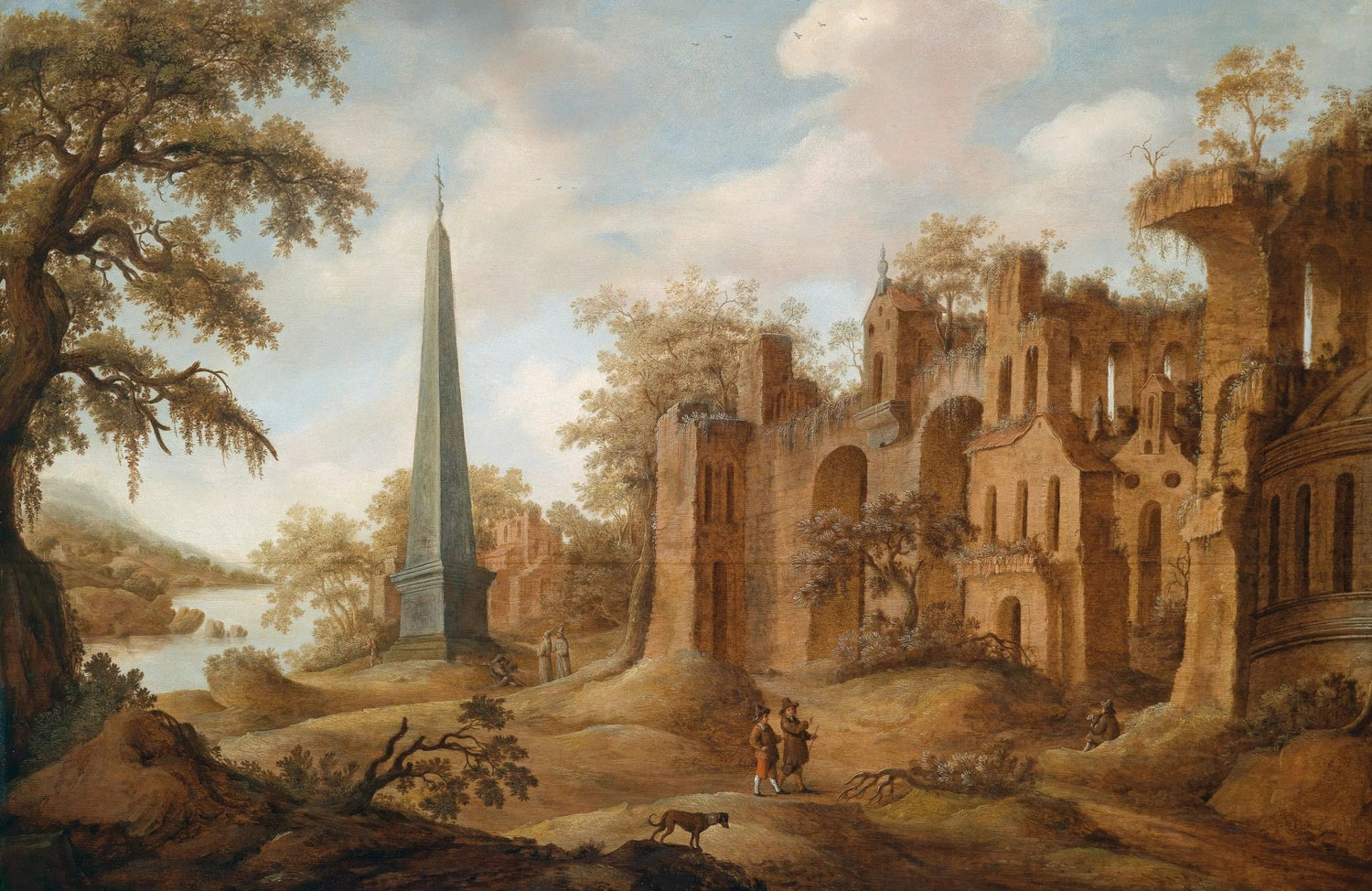 Landscape Oil Painting - Ruins with Obelisk & Figures - Oil Painting Haven