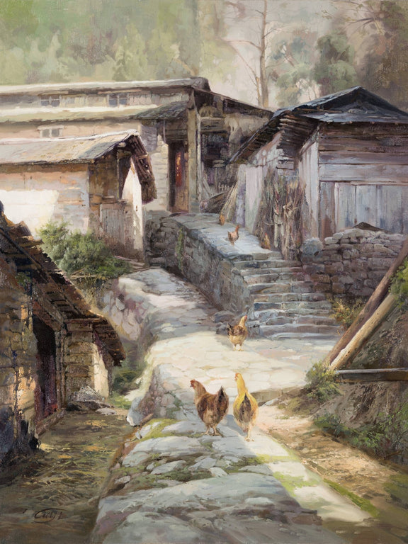 Landscape Oil Painting - Rural Alley, Old Cottages, Chickens & Stone Path - Oil Painting Haven