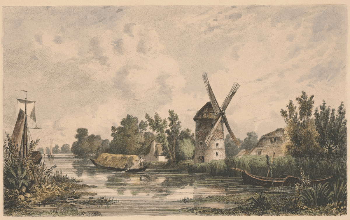 Hand-painted rural canal scene with windmill and boats landscape oil painting on canvas