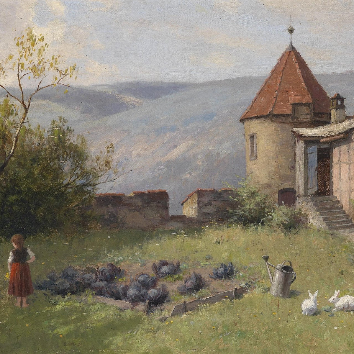 Landscape Oil Painting - Rural Cottage: Children, Cabbage Patch & Rabbits - Oil Painting Haven