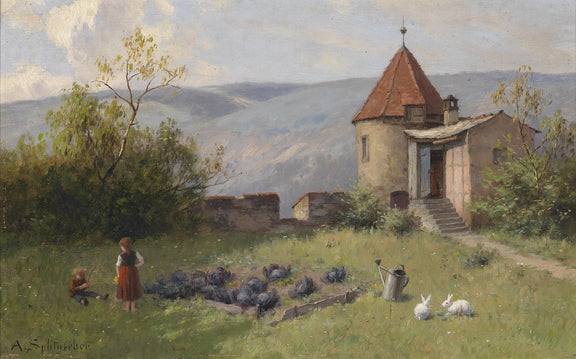 Landscape Oil Painting - Rural Cottage: Children, Cabbage Patch & Rabbits - Oil Painting Haven