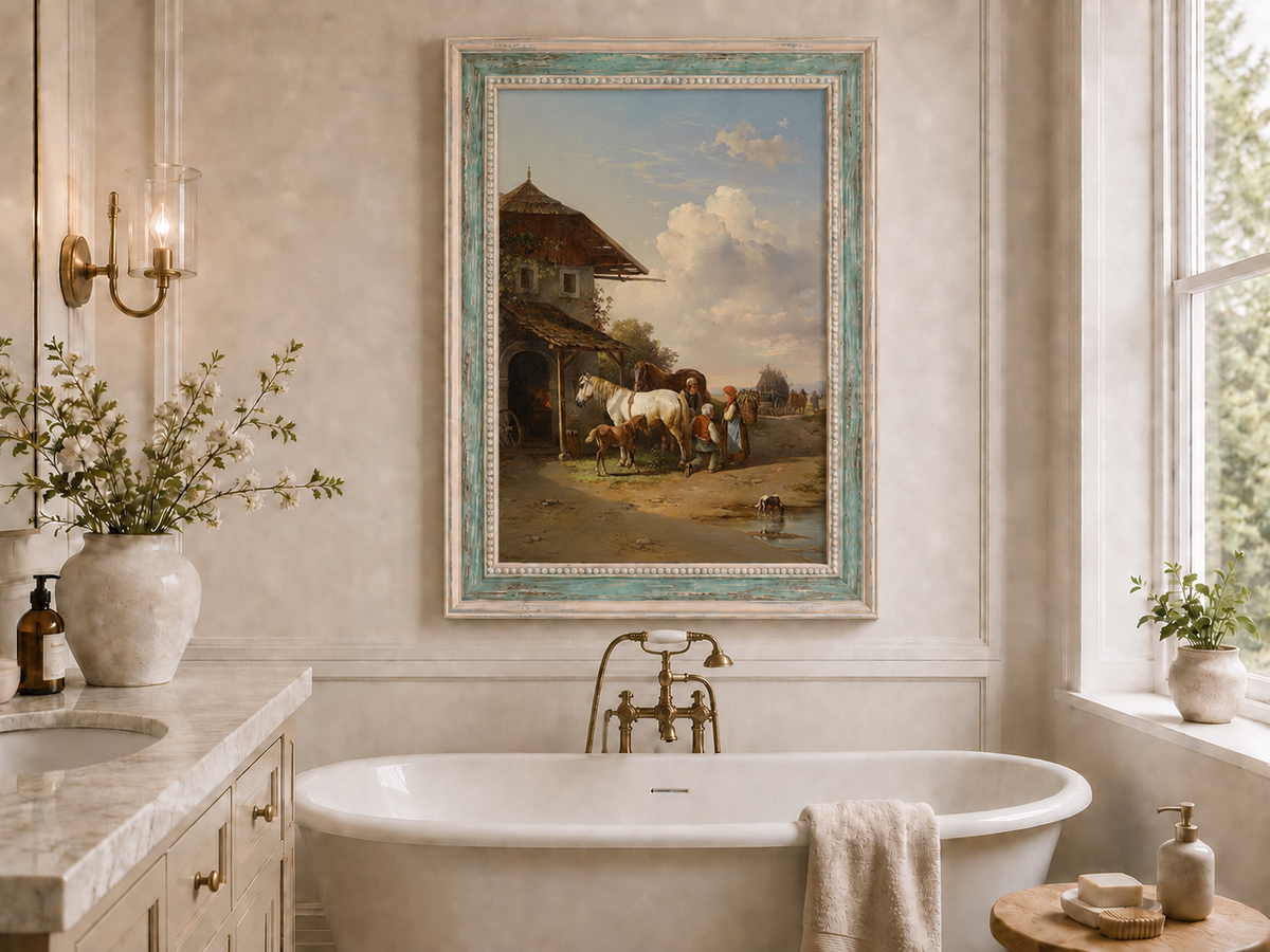 Hand-painted rural cottage, horses and village life landscape oil painting displayed in a bathroom interior above a bathtub.