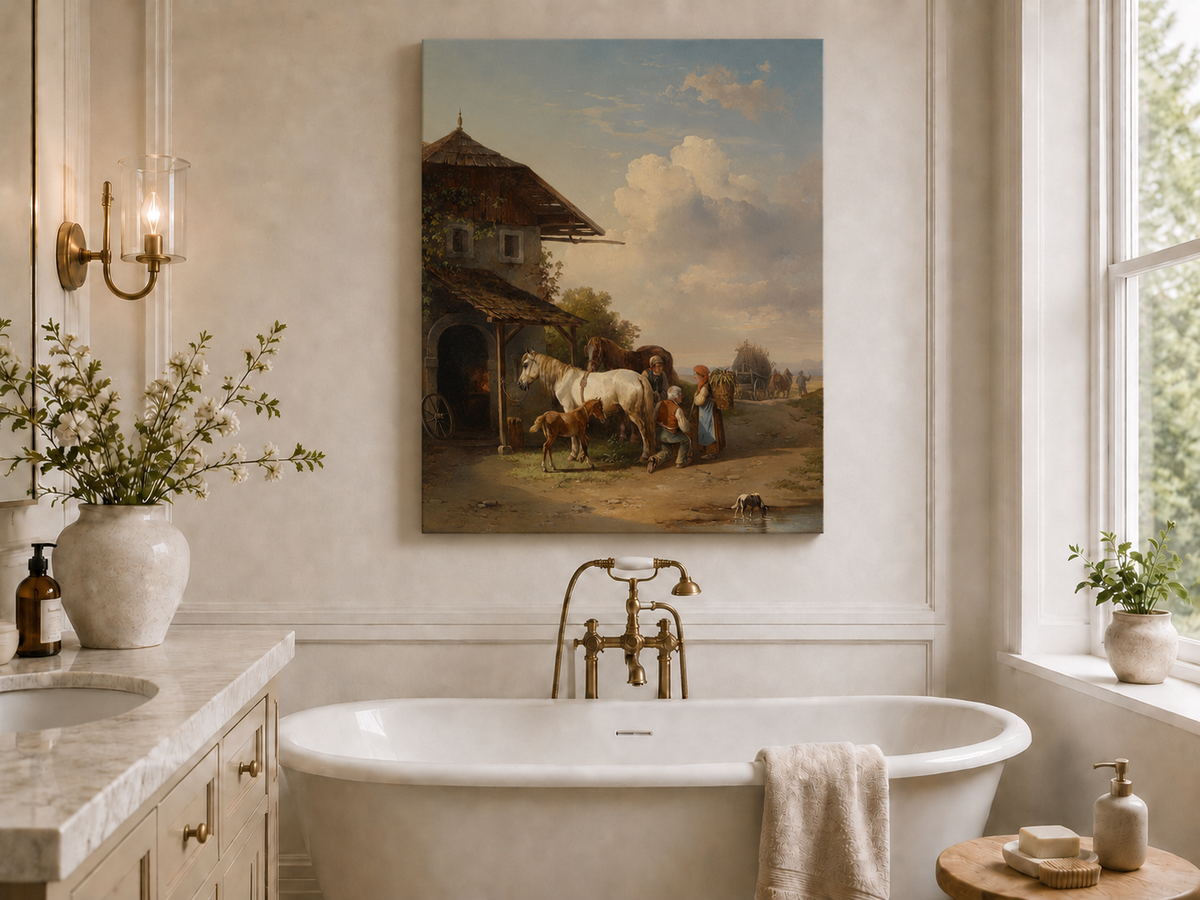 Hand-painted rural cottage, horses and village life landscape oil painting displayed in a bathroom interior above a bathtub.