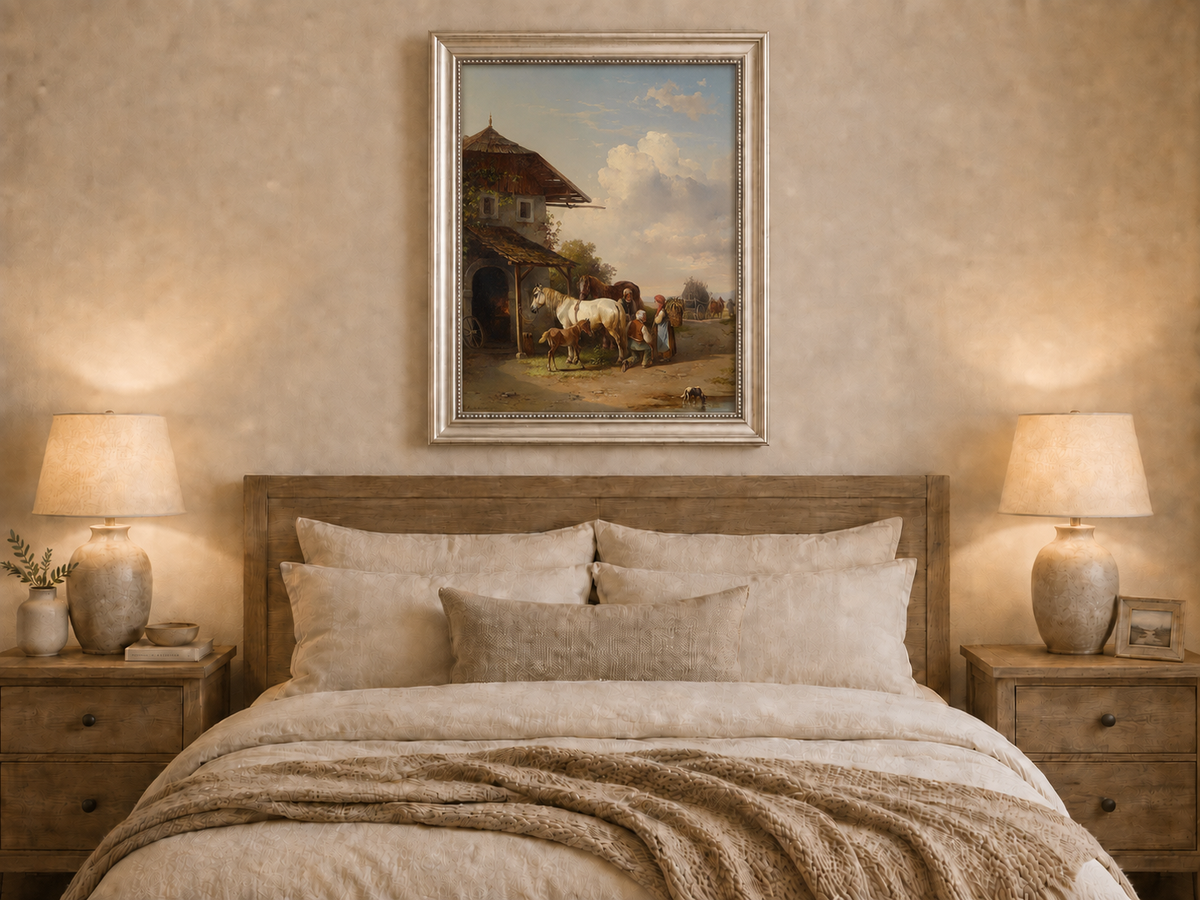 Hand-painted rural cottage, horses and village life landscape oil painting displayed above a bed in a bedroom interior.